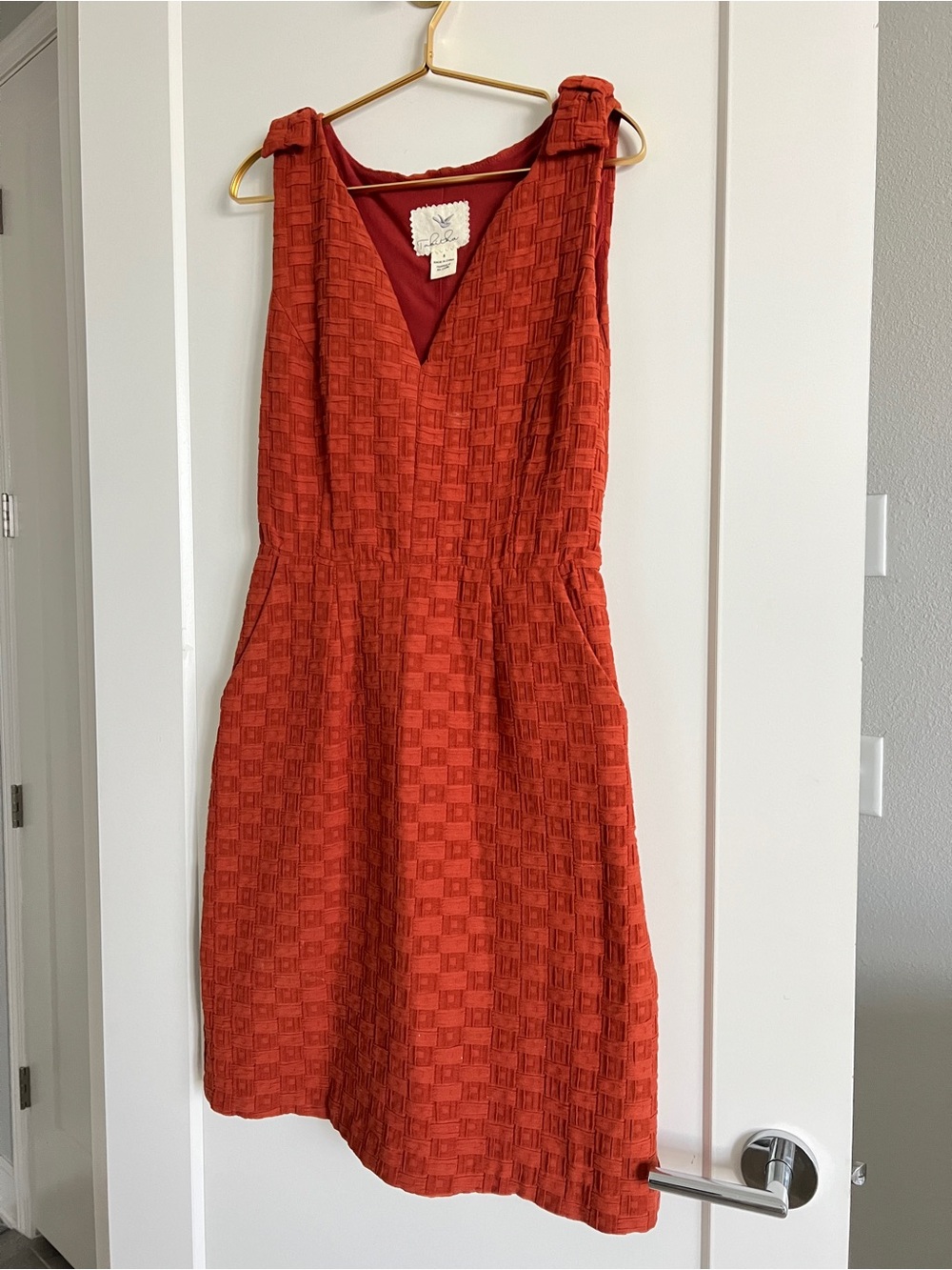 Anthropologie Tabitha Tema Basket Weave Textured Terracotta Dress Size 8 Bow - Picture 10 of 16